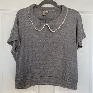 Misia Gray Knit Crop Top with Pearl Trimmed Collar Women’s Size XL